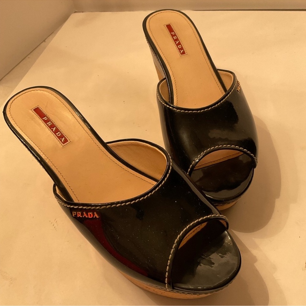 Prada black patent open toe wedge size EU40 US10